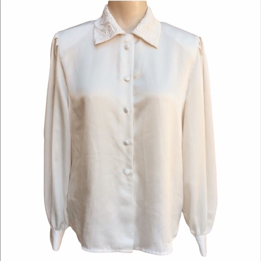 Vintage Breckenridge Appliqué Collar Satin Blouse PETITE